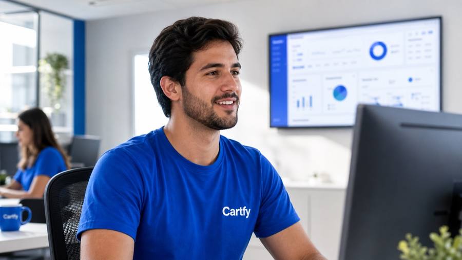 Equipe comercial usando o Cartfy CRM para acompanhar leads e tarefas